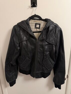 Aqua Black Leather Hooded Jacket